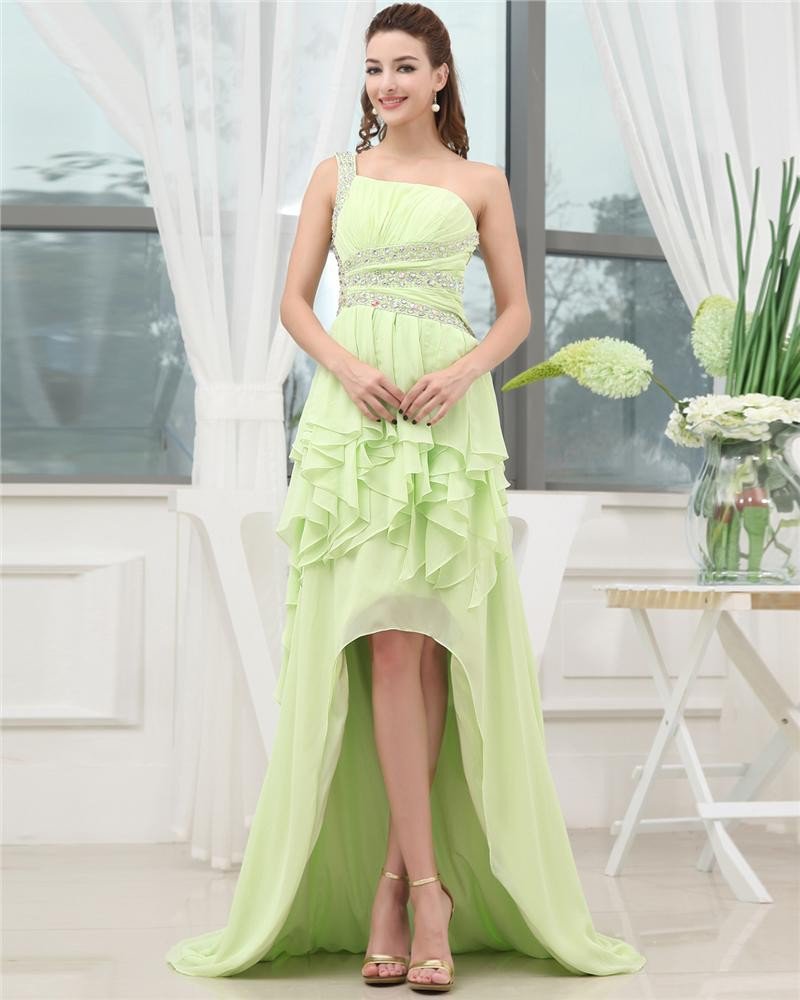One Shoulder Sleeveless Belt Ruffle Beading Asymmetrical High Low Chiffon Woman Prom Dress