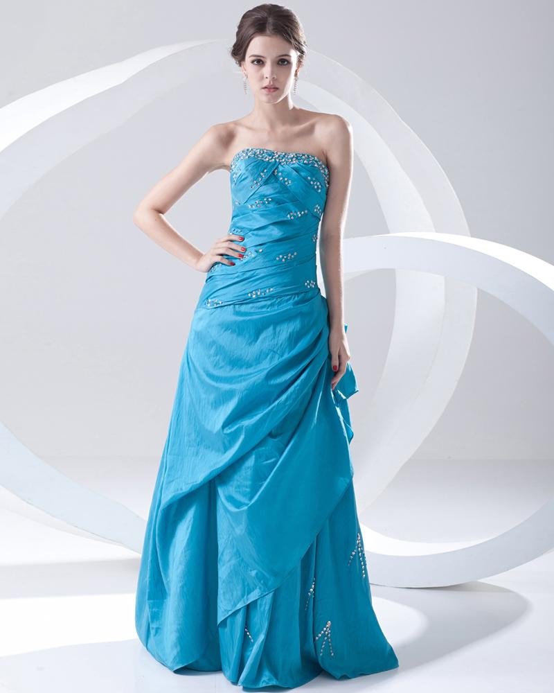 Fashion Taffeta Beaded Pleated Strapless Floor Length Prom Dress