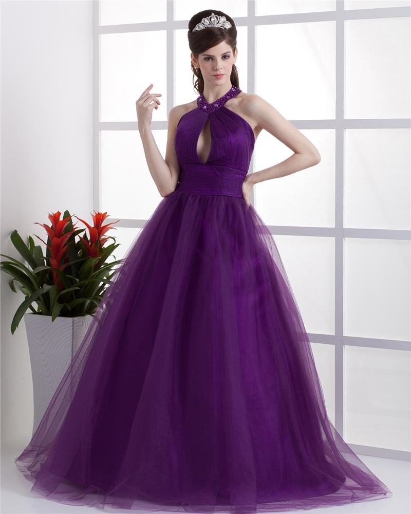 Ball Gown Satin Yarn Ruffle Halter Floor Length Quinceanera Prom Dress