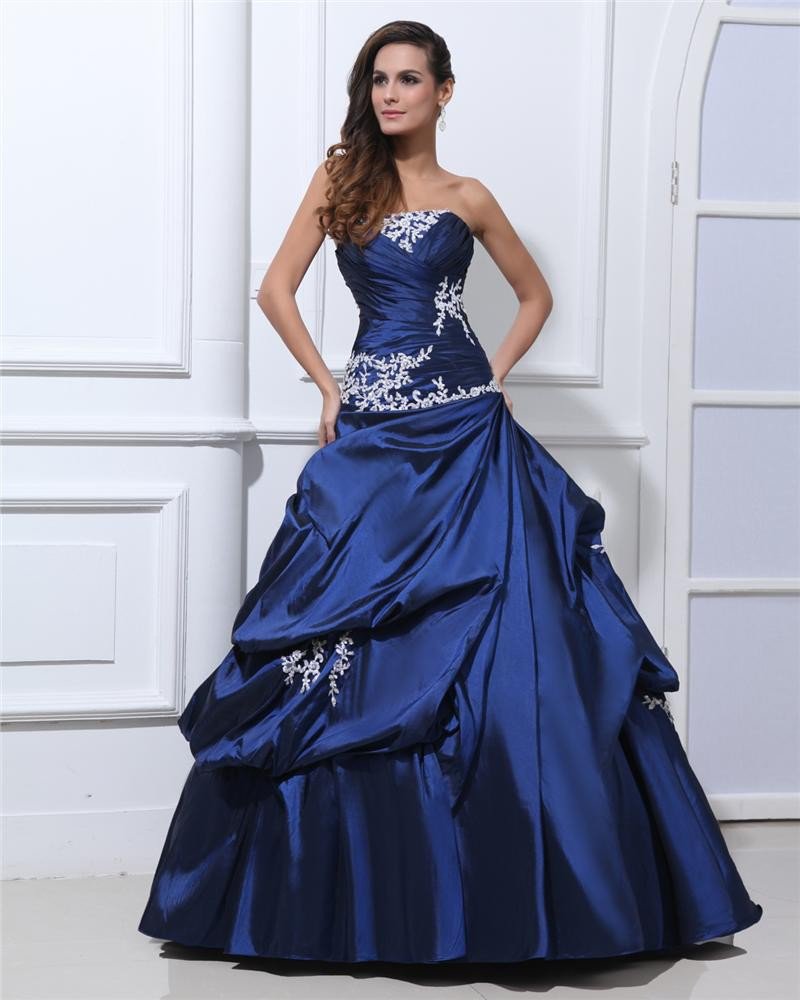 Ball Gown Applique Pleated Taffeta Beading Strapless Floor Length Quinceanera Prom Dresses