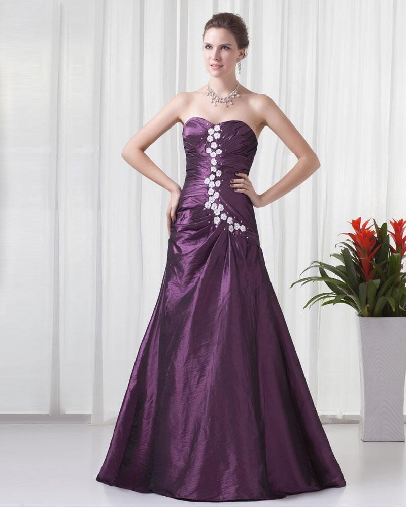 Sweetheart Floor Length Applique Beading Pleated Taffeta Women Prom Dress