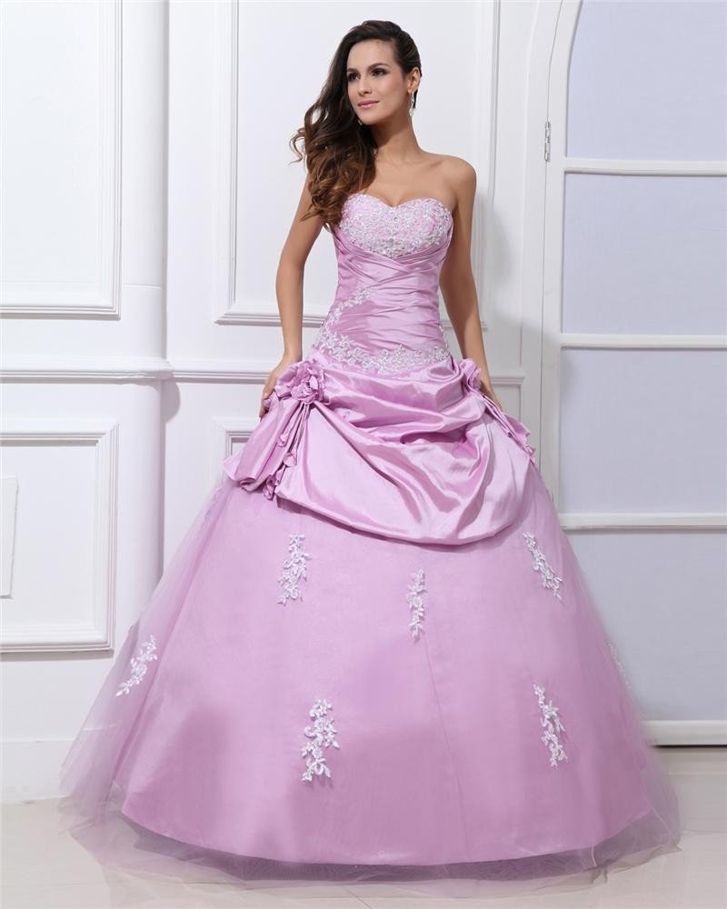 Ball Gown Taffeta Gauze Applique Flower Sweetheart Sleeveless Backless Floor Length Quinceanera Prom