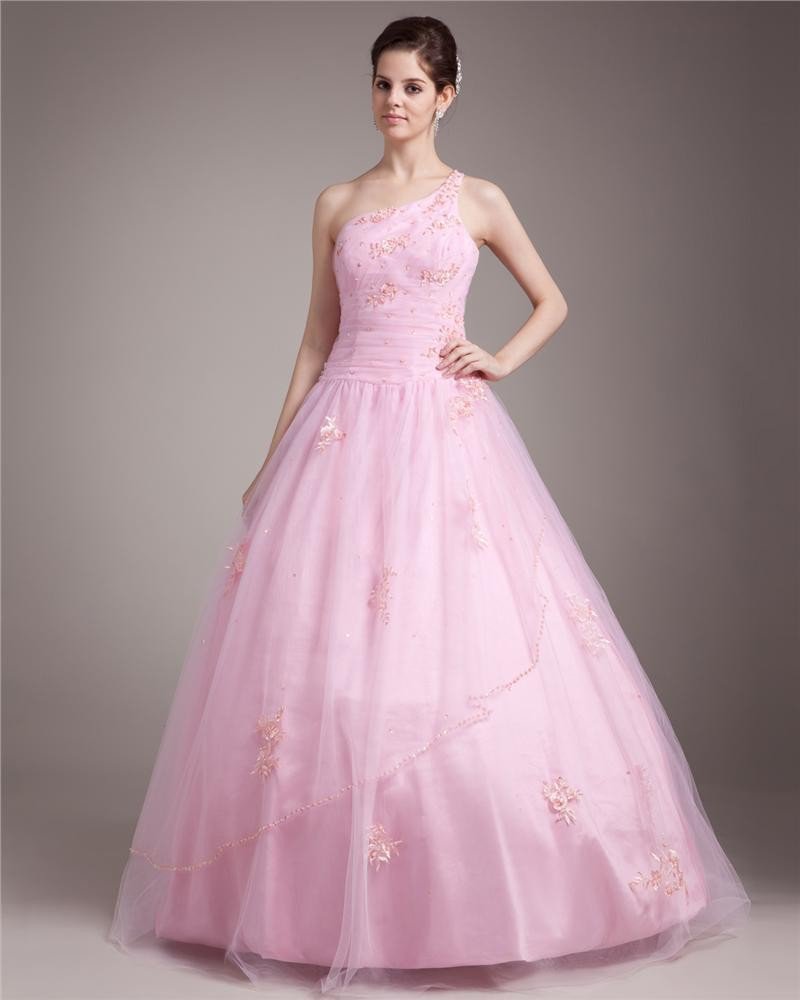 Ball Gown One Shoulder Floor Length Tulle Prom/Quinceanera Prom Dresses