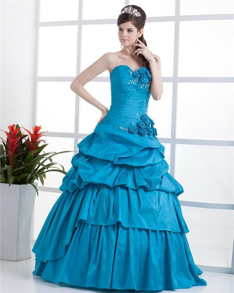 Ball Gown Sleeveless Flowers Embroidery Ruffles Applique One Shoulder Floor Length Quinceanera Prom