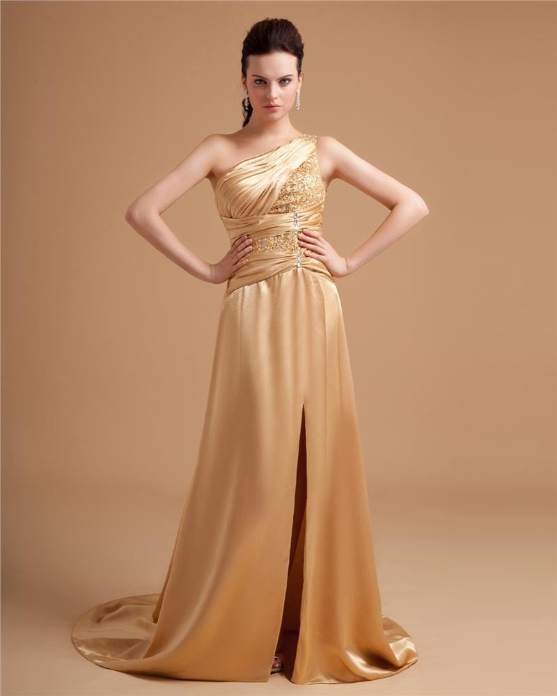 Silk Imitation Charmeuse Ruffle Beading Applique One Shoulder Floor Length Prom Dresses