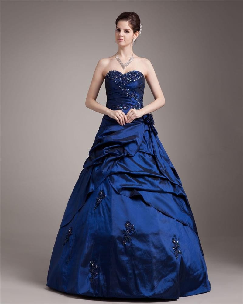 Ball Gown Taffeta Satin Ruffle Applique Beading Sweetheart Floor Length Quinceanera Prom Dresses