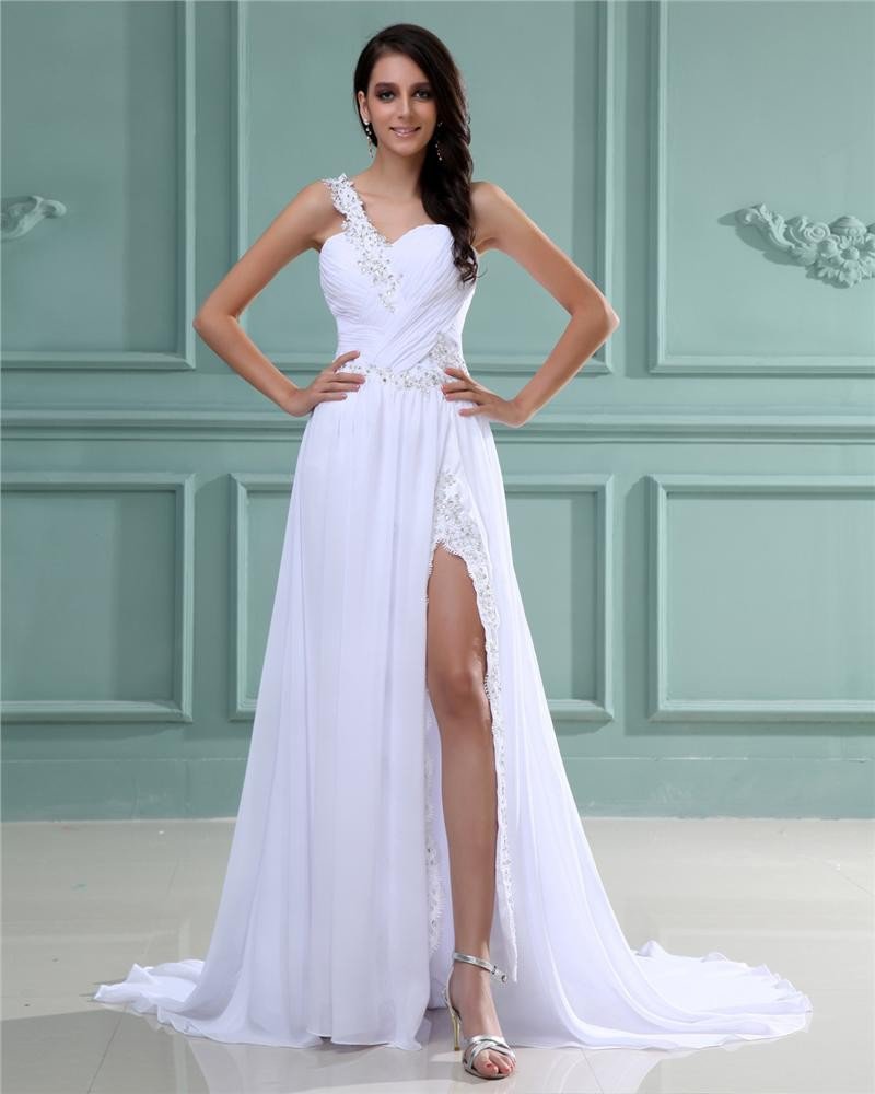 Sloping Chiffon Satin Pleated Floor Length Prom Dresses