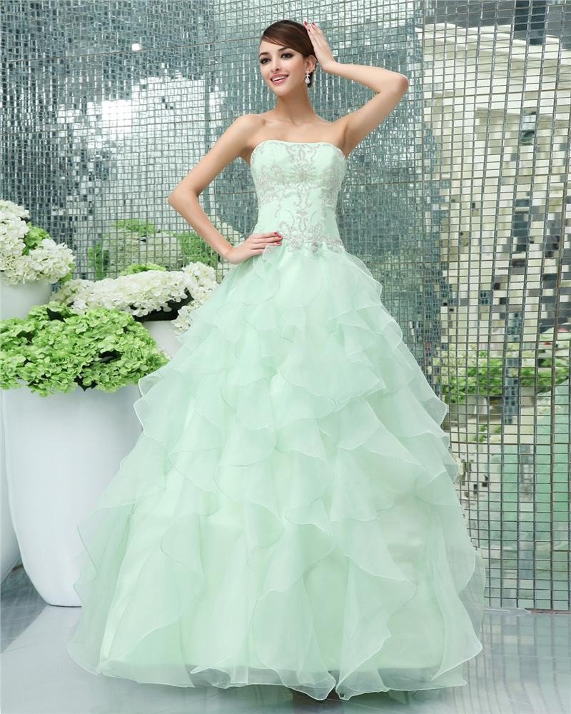 A-line Strapless Beading Floor Length Organza Sewn Beads Prom Dresses