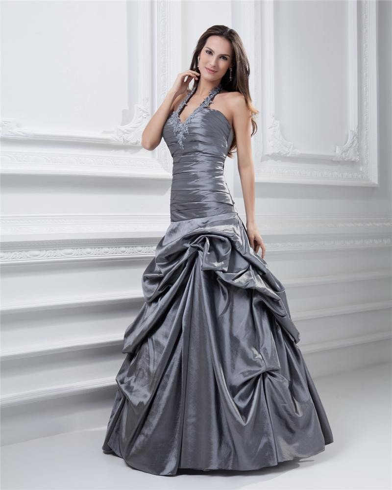 Ball Gown Halter Ruffle Floor Length Taffeta Quinceanera Prom Dress