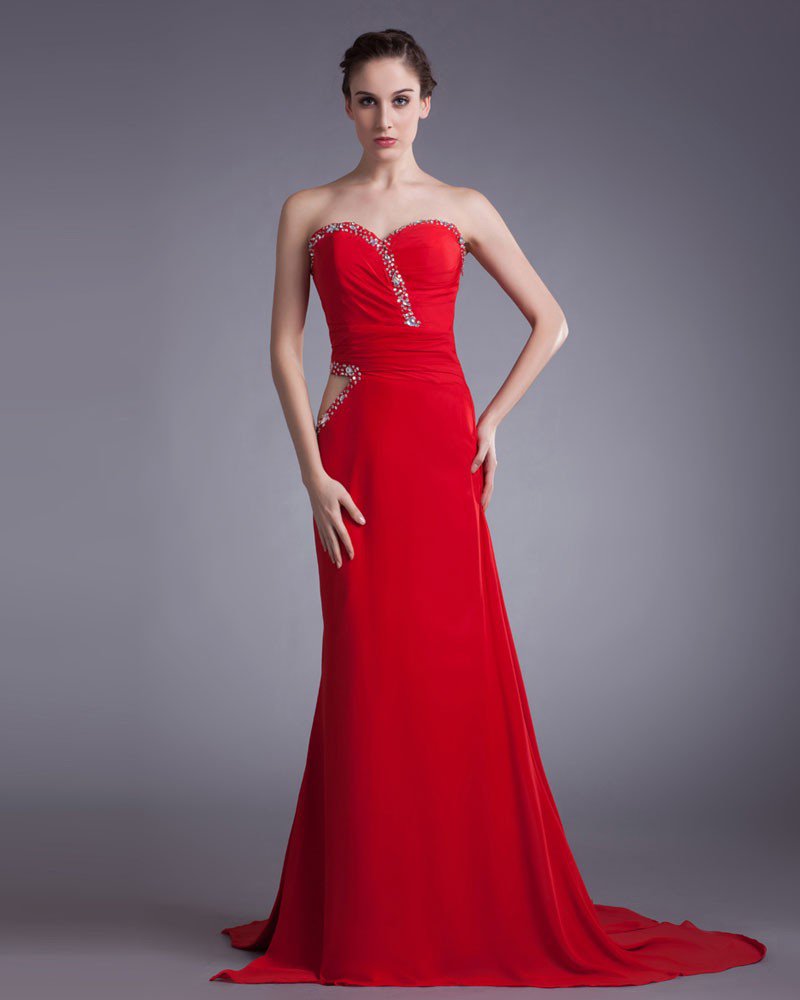 Chiffon Beading Sweetheart Court Train Pleated Prom Dress