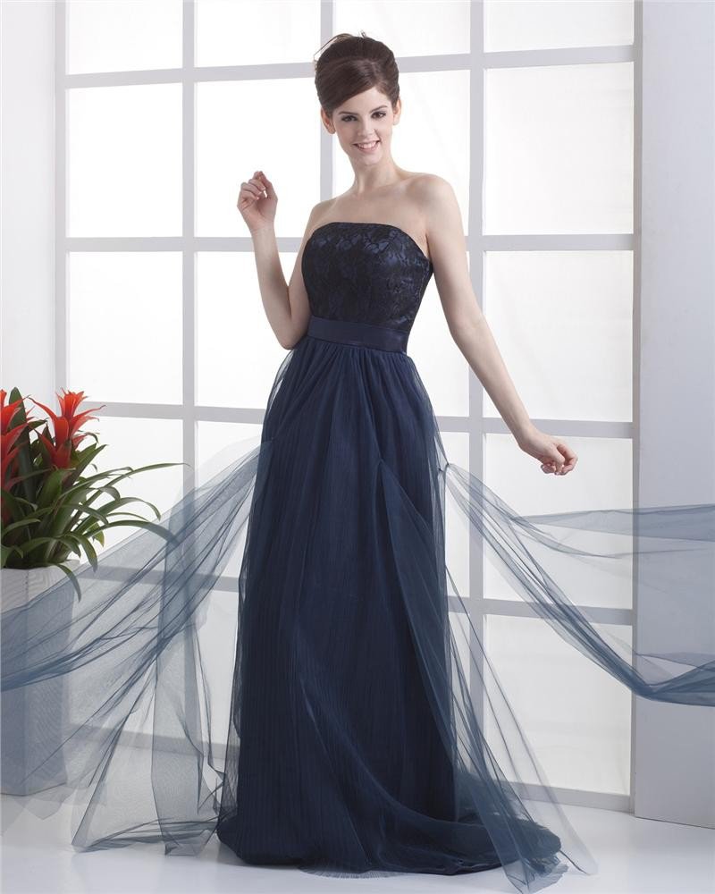 Strapless Ruffle Sleeveless Zipper Floor Length Lace Woman Prom Dress