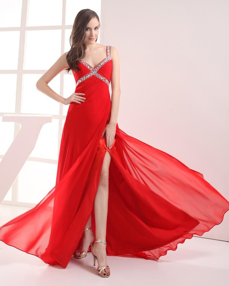Spaghetti Straps Floor Length Beading Pleated Chiffon Women Prom Dress