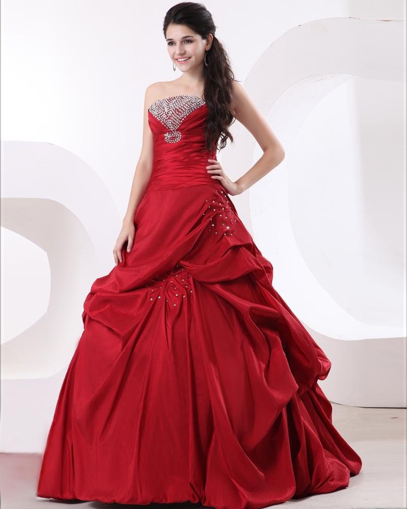 Ball Gown Taffeta Ruffle Strapless Beading Floor Length Quinceanera Prom Dresses