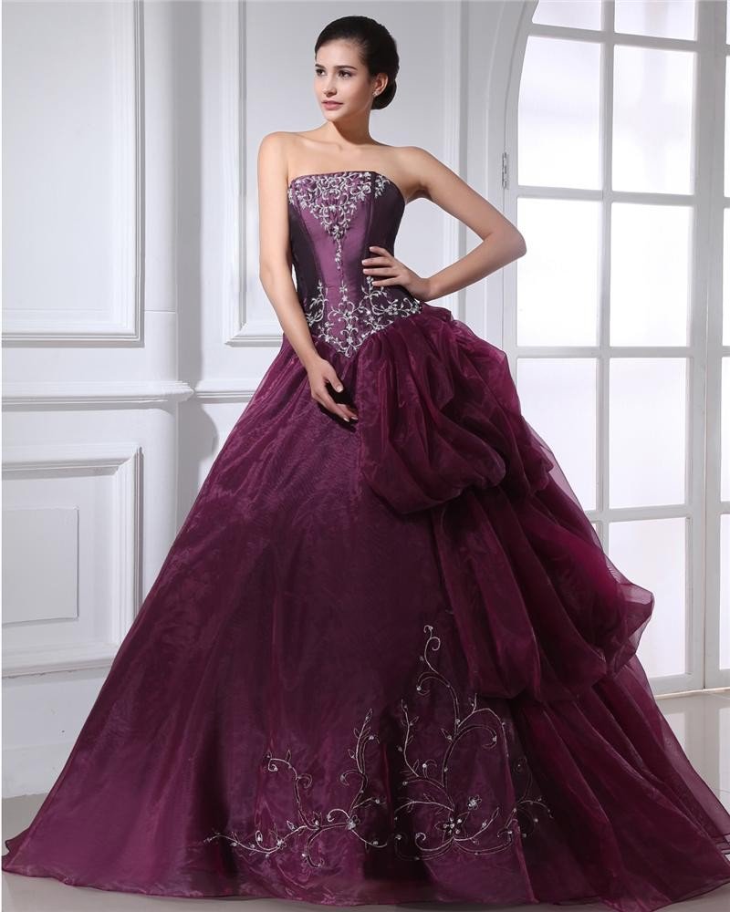 Ball Gown Taffeta Organza Applique Ruffle Beading Strapless Floor Length Quinceanera Prom Dresses