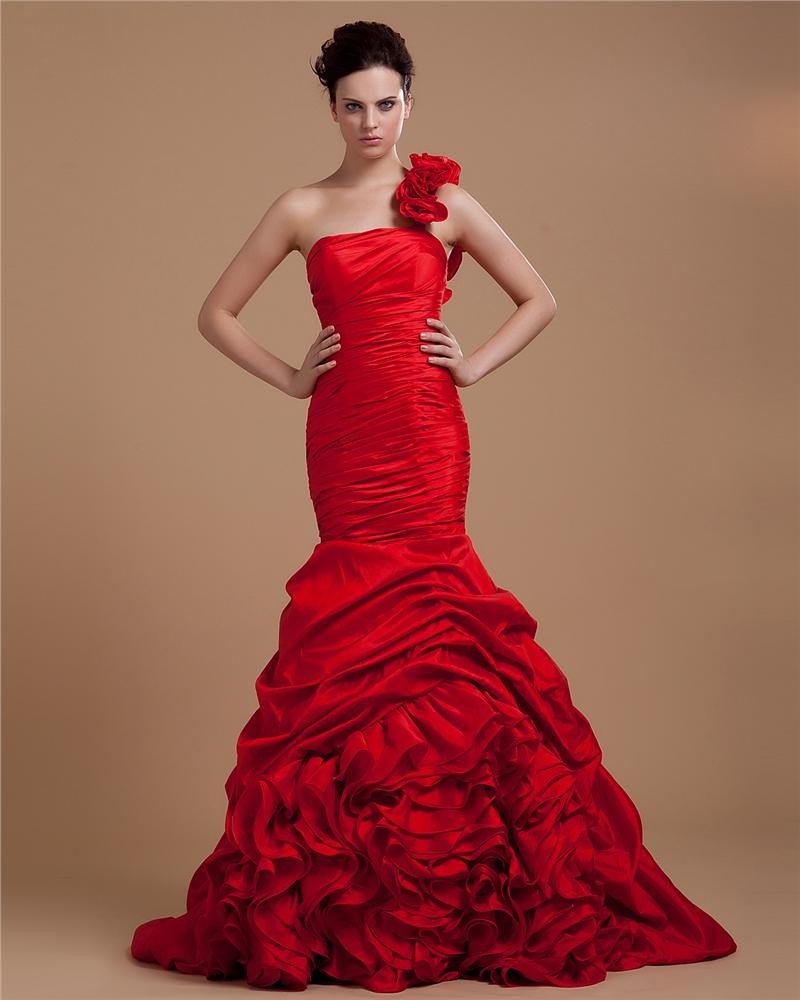 Satin Ruffle Flower One Shoulder Floor Length Evening Prom Dresses