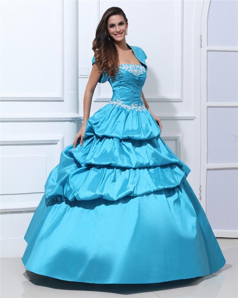 Ball Gown Strapless Taffeta Beading Ruffle Floor Length Quinceanera Prom Dresses