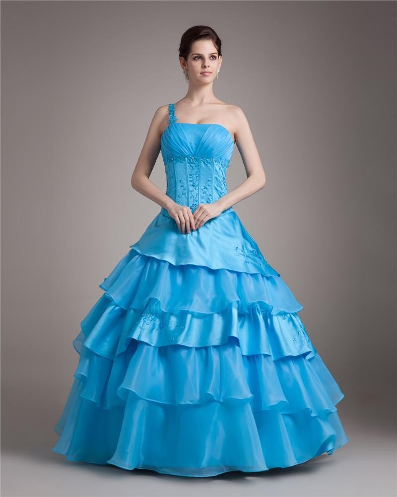 Ball Gown Organza Embroidery Beading Ruffle One Shoulder Floor Length Quinceanera Prom Dresses