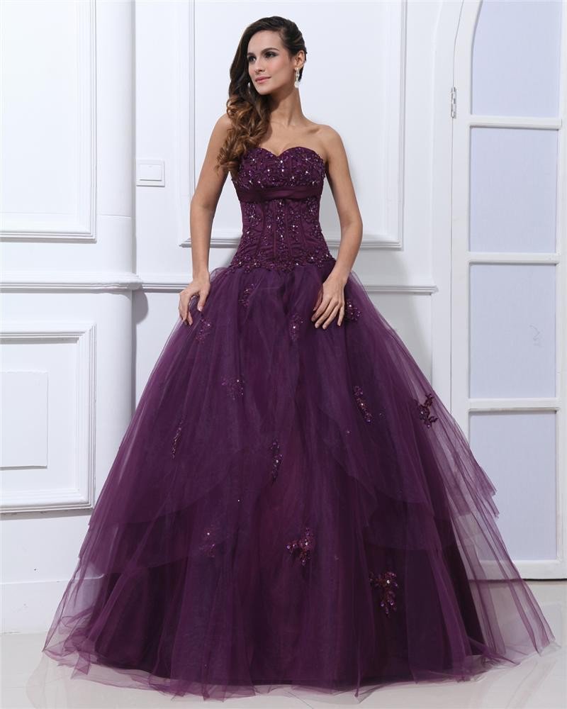 Ball Gown Sleeveless Satin Yarn Embroidery Ruffles Applique Sweetheart Floor Length Quinceanera Prom