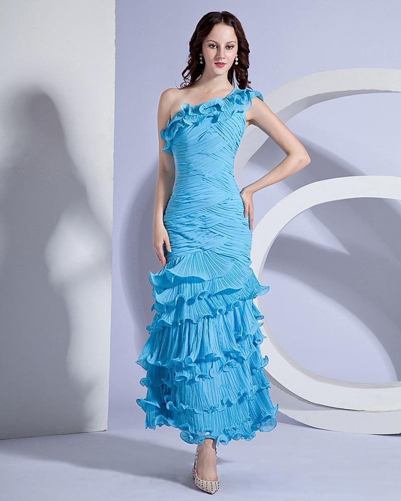 One Shoulder Ruffle Floor Length Prom Dress