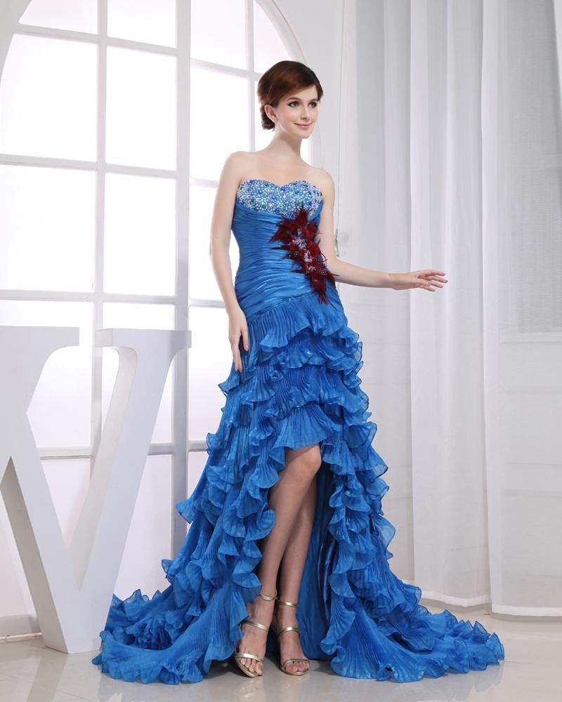 Beadings Sweetheart Ruffle Feather Sleeveless Backless Zipper Court Train Asymmetrical Tiered Prom D