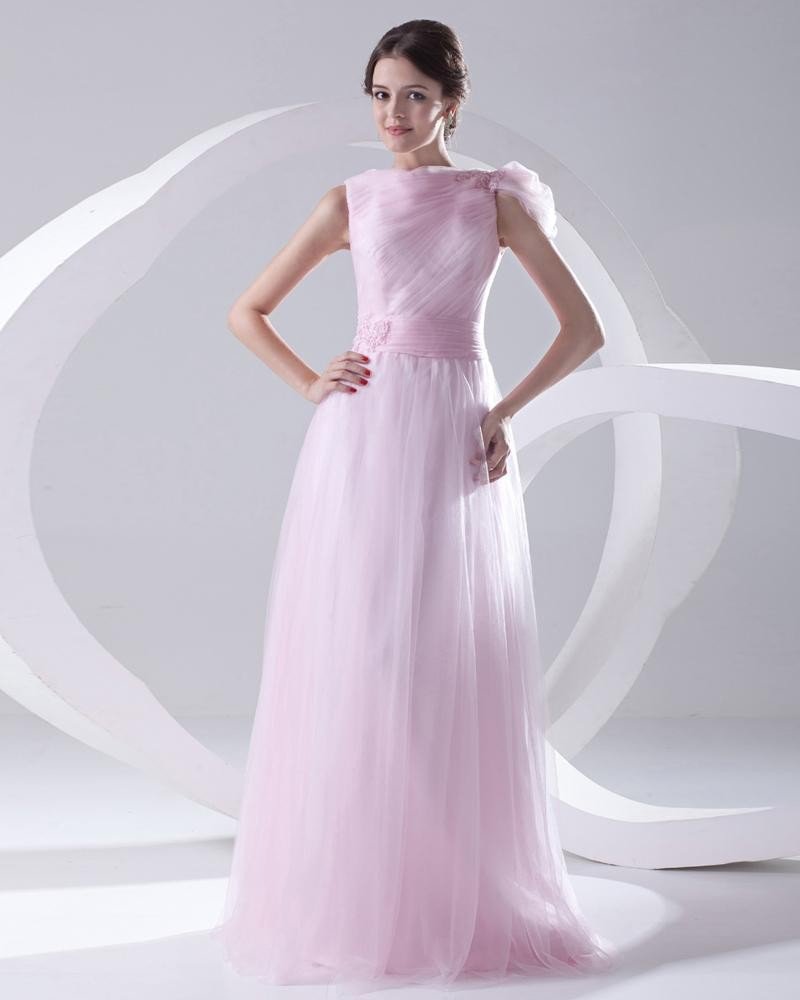 Fashion Organza Pleated Applique Boat Neck Sleeveless Floor Length Prom Dress