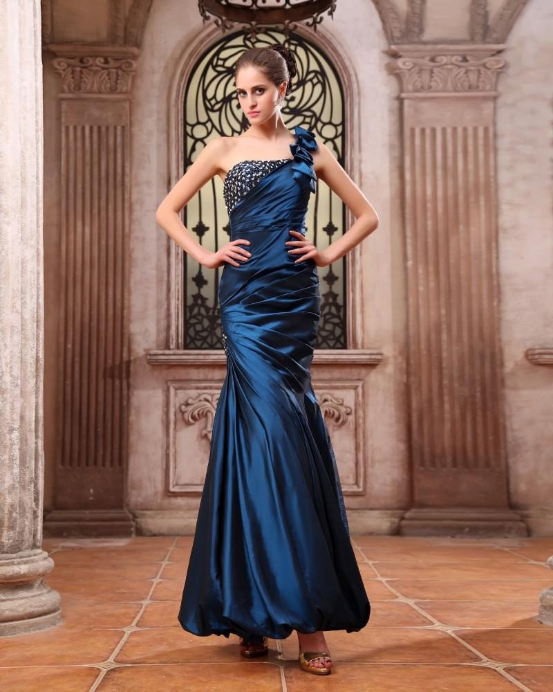 Sleeveless Taffeta Beading Ruffles One Shoulder Long Prom Dresses