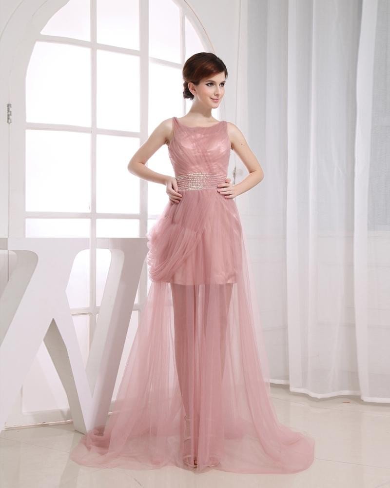 Gauze Silk Silk Like Satin Beading Ruffle Jewel Sleeveless Court Train Pleated Prom Dress