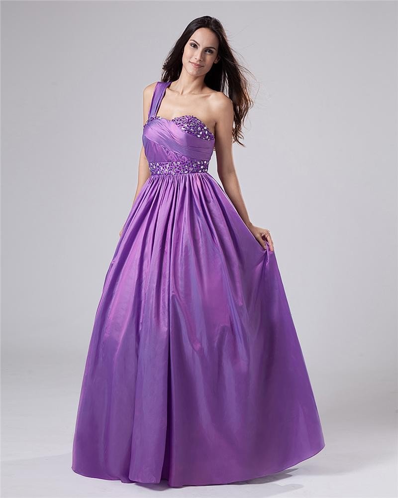 Taffeta One Shoulder Beading Ruffles Sweetheart Floor Length Prom Dresses