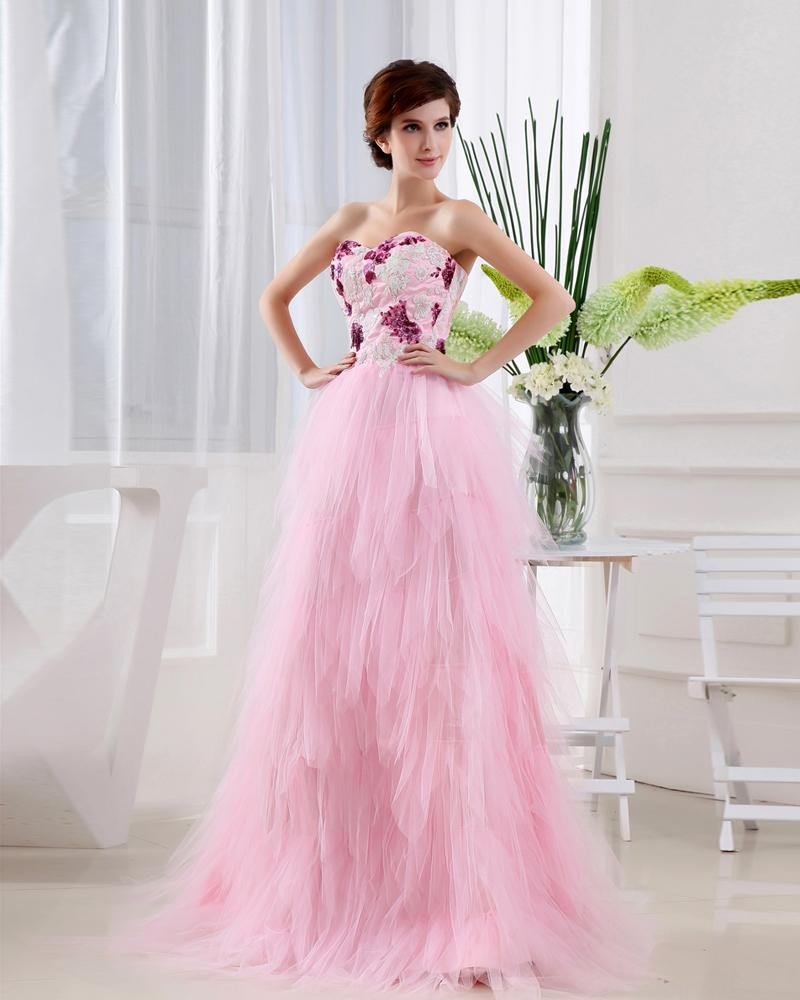 Satin Gauze Sequins Flower Sweetheart Sleeveless Backless Floor Length Tiered Prom Dress