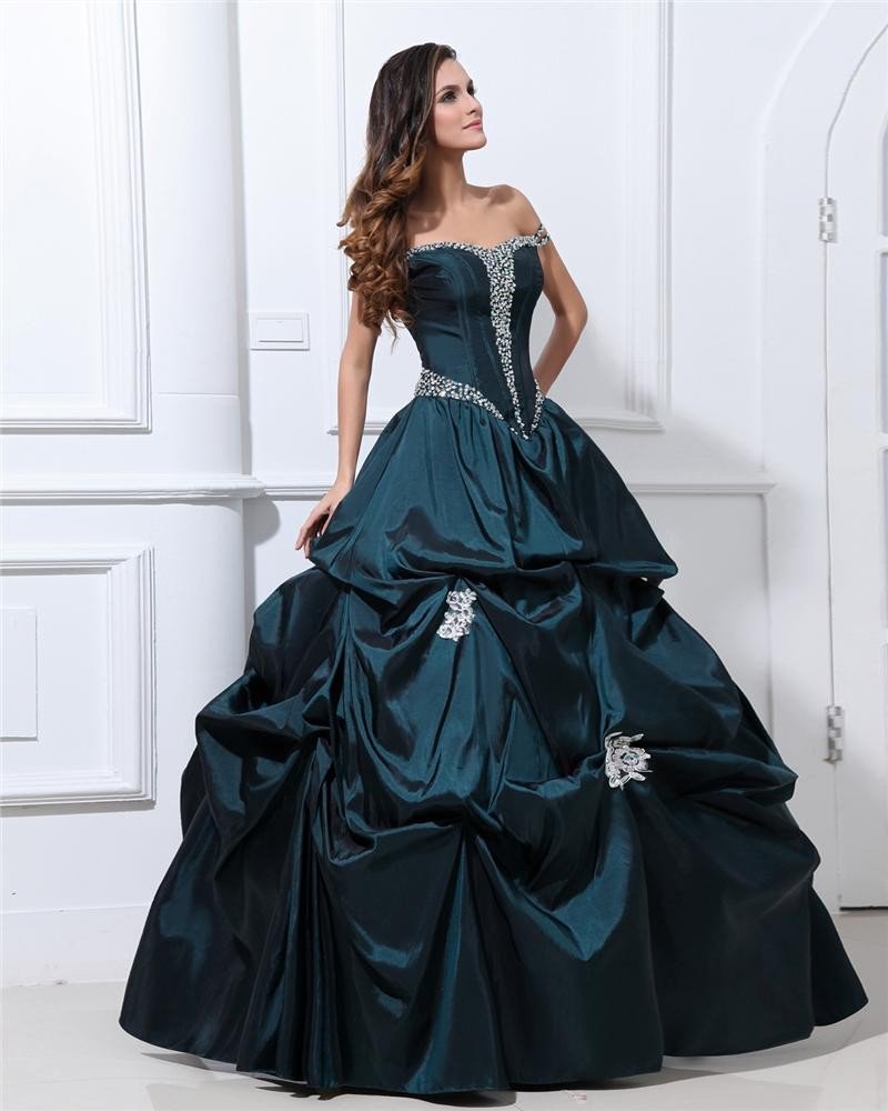 Ball Gown Taffeta Beading Ruffle Applique Shoulder Straps Ankle Length Quinceanera Prom Dresses