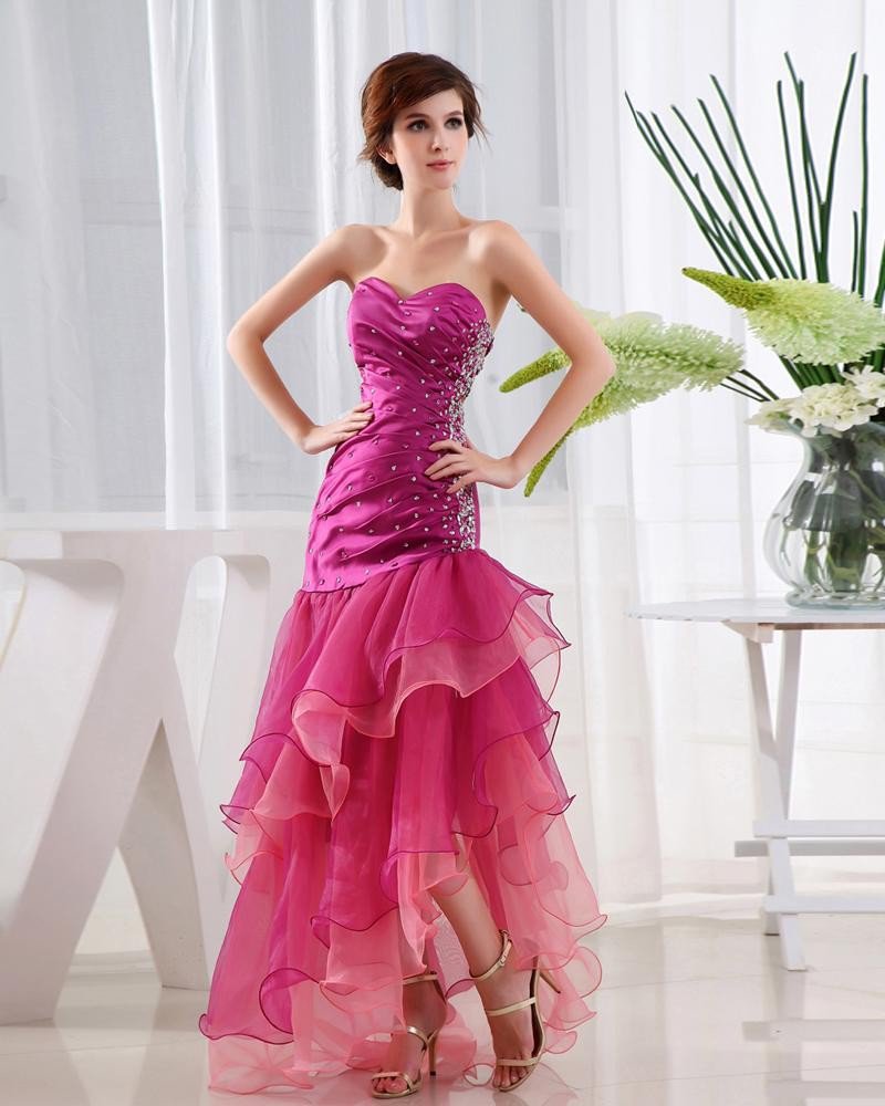 Organza Satin Beading Ruffle Sweetheart Sleeveless Backless Asymmetrical Tiered Prom Dress