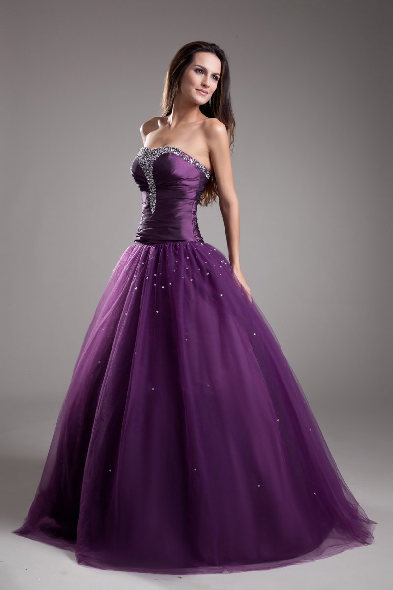 Ball Gown Custom Strapless Floor Length Beading Taffeta Prom Dresses