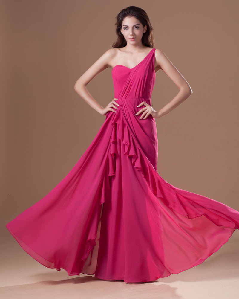 Chiffon Ruffle One Shoulder Floor Length Pleated Prom Dress