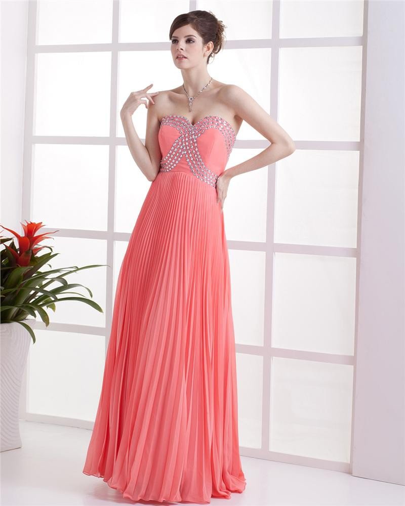 Chiffon Pleated Beading Sweetheart Floor Length Evening Prom Dresses