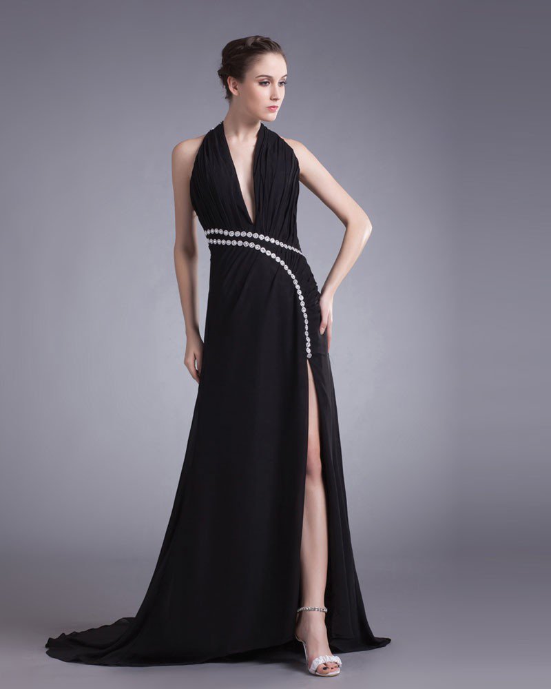 Chiffon Beading Halter Court Train Slit Prom Dress
