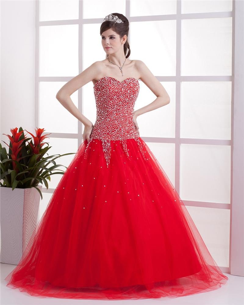 Tulle Beading Sweetheart Brush Train Prom Dresses
