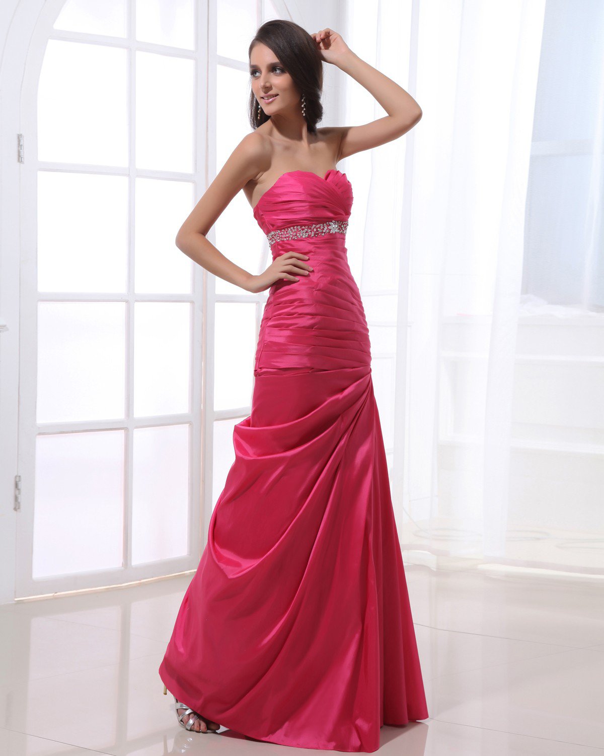 Floor Length Strapless Neckline Beading Pleated Taffeta Empire Woman Prom Dress