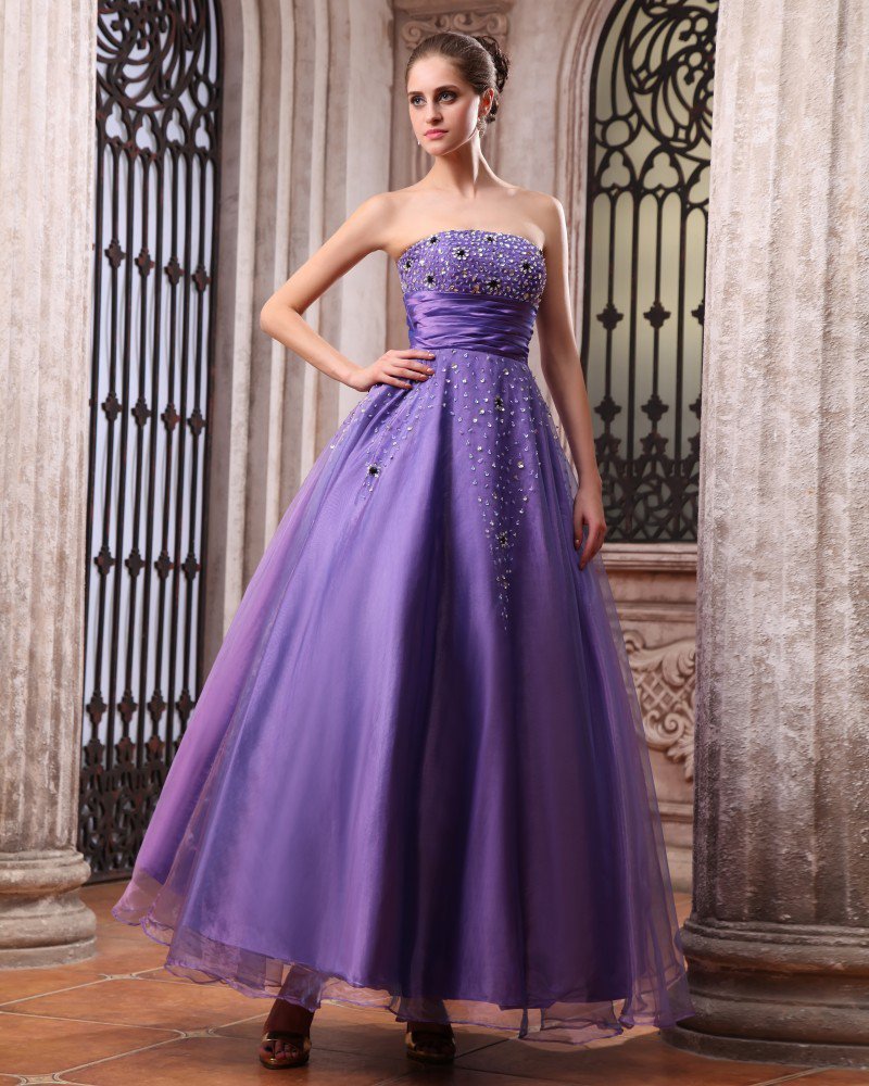 Sleeveless Satin Organza Beading Strapless Floor Length Prom Dresses