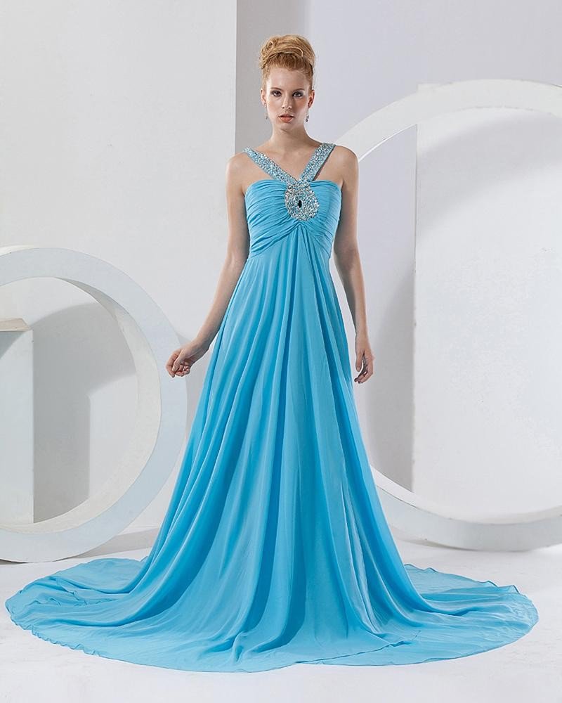 Chiffon Ruffle Beading V Neck Floor Length Celebrity Prom Dress