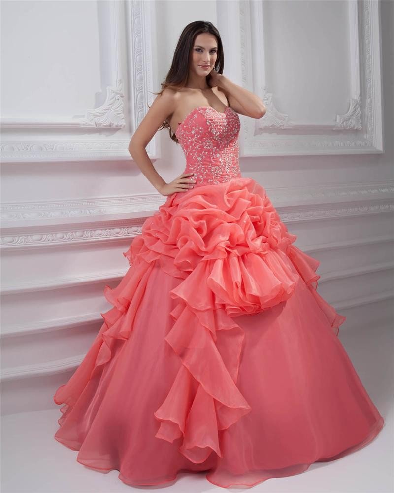 Ball Gown New Sleeveless Yarn Flowers Embroidery Ruffles Applique Sweetheart Floor Length Quinceaner