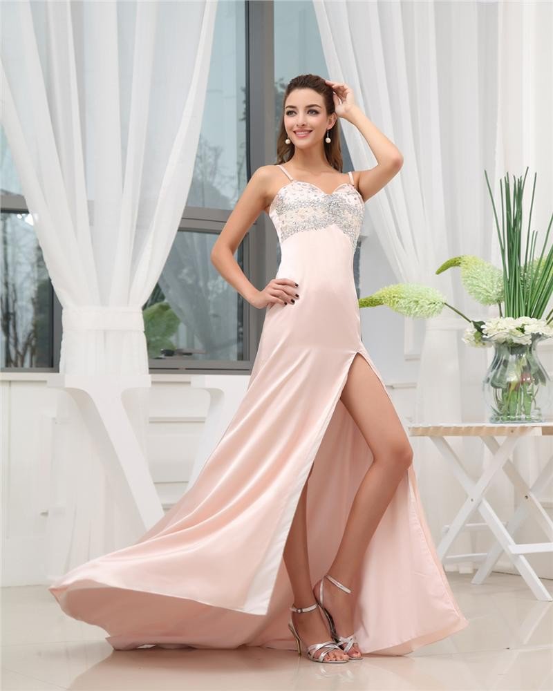 Spaghetti Straps Sleeveless Zipper Beading Floor Length Satin Woman Prom Dress