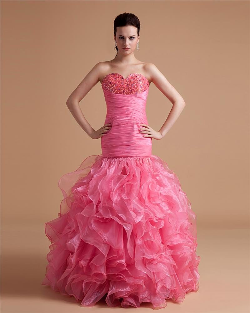 Sweetheart Organza Ruffle Beaded Applique Floor Length Prom Dresses