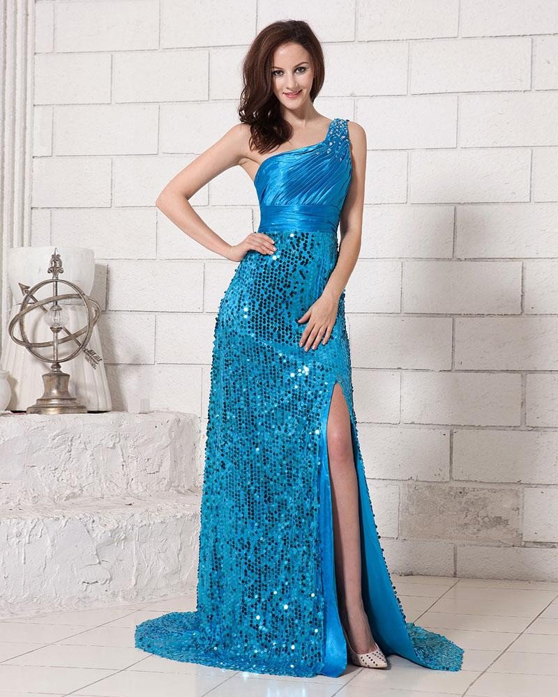 Stylish Sequin Floor Length Waistband Sweep Satin Prom Dresses