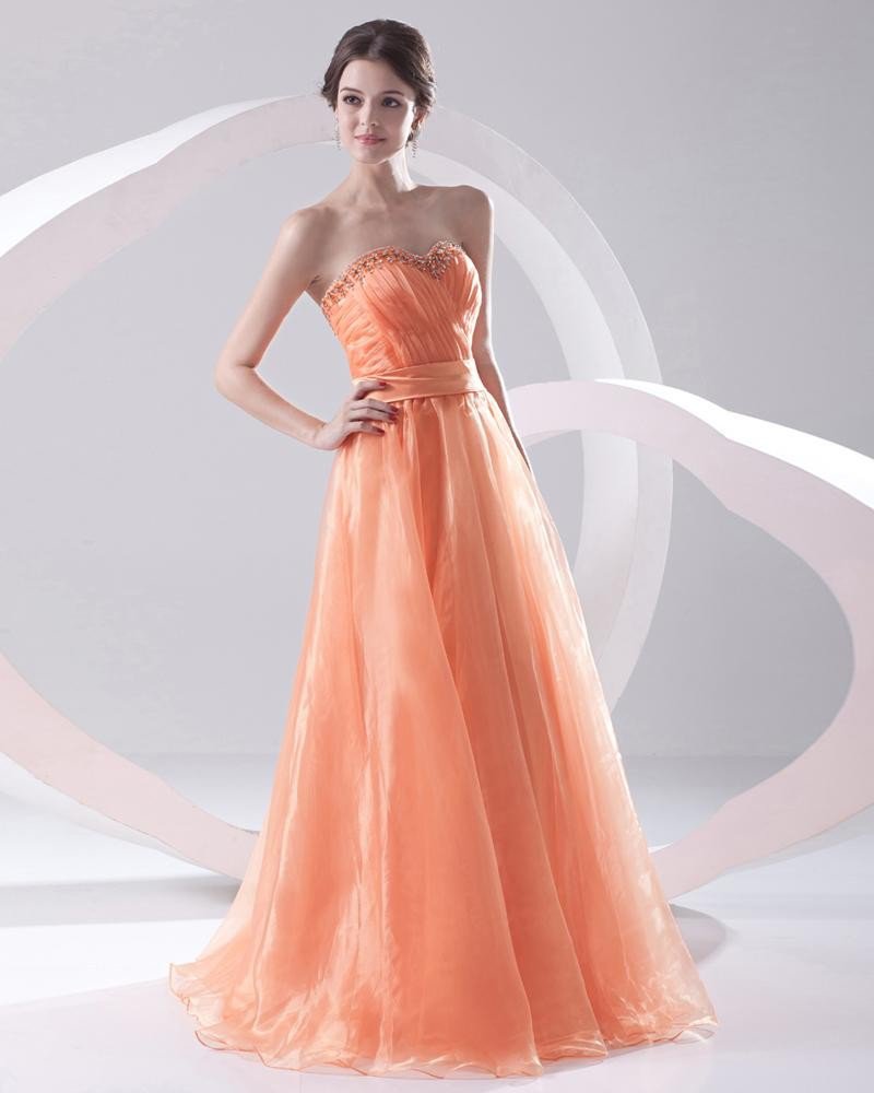 Fashion Organza Pleated Beaded Sweetheart Sleeveless Floor Length Prom Dress