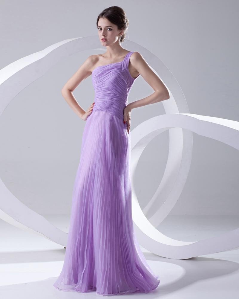 Fashion Organza Pleated One Shoulder Sleeveless Floor Length Prom Dress