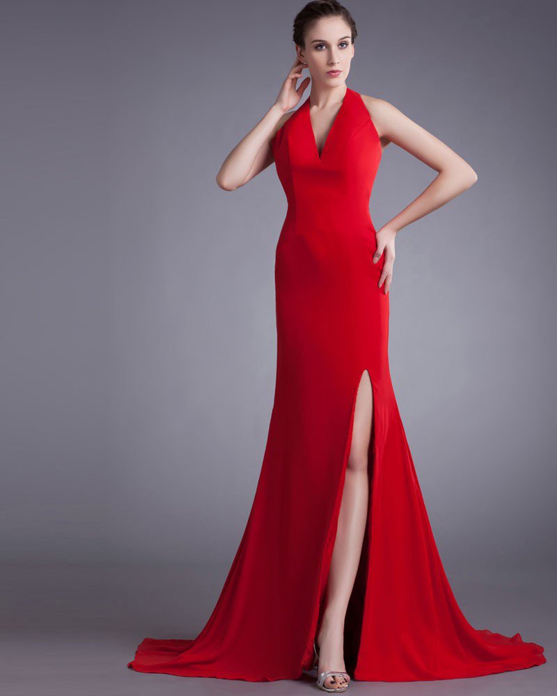 Chiffon Halter V Neck Court Train Slit Prom Dress