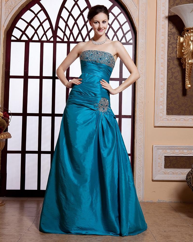 Stylish Ruffle Floor Length Beading Sleeveless Strapless Zipper Taffeta Prom Dresses