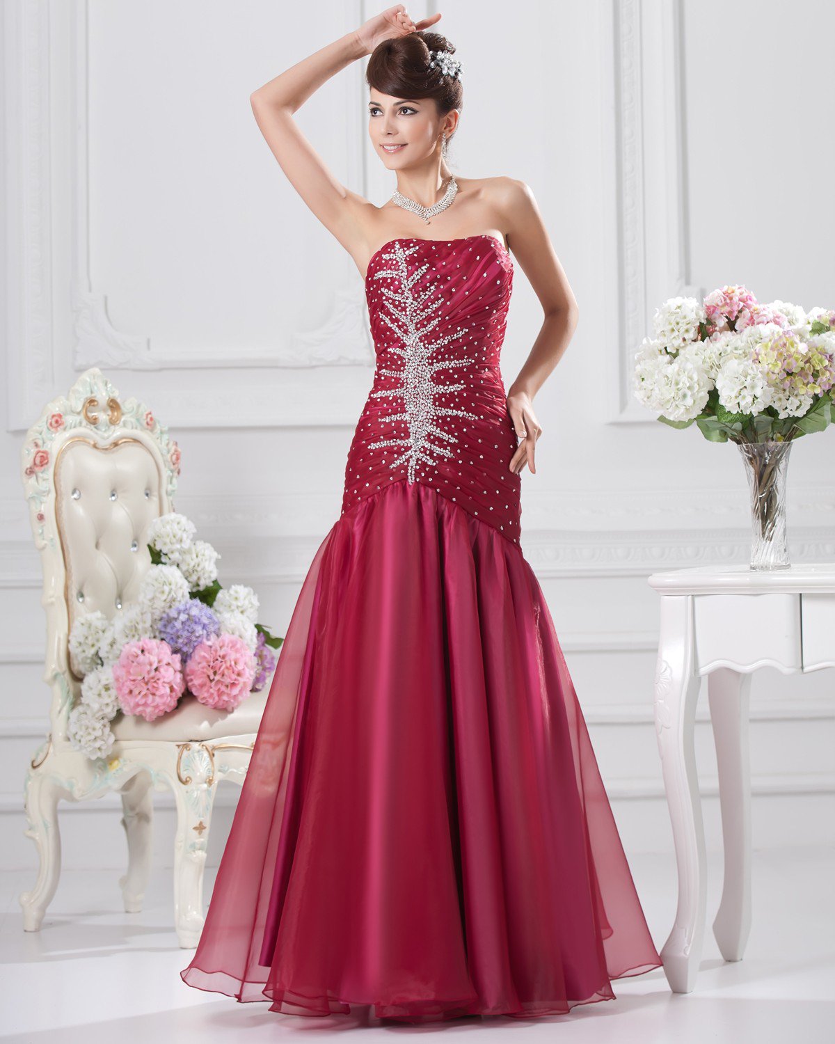 A-Line Strapless Floor-length Organza Beading Prom Party Prom Dress