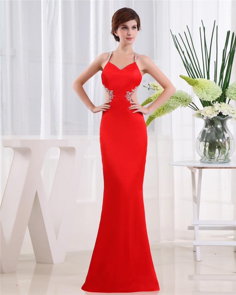 Spaghetti Straps Sleeveless Crossed Belt Floor Length Beading Satin Woman Prom Dress