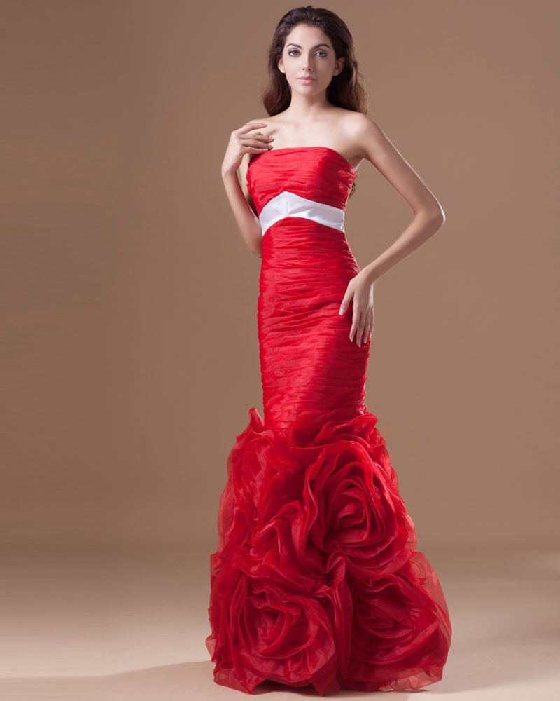 Organza Ruffle Flower Strapless Floor Length Prom Dress